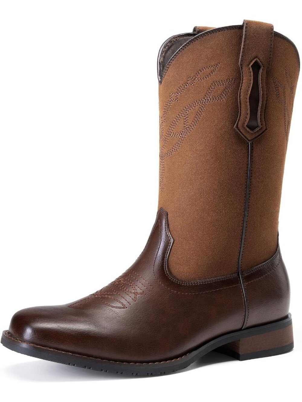 Men's All Brown Square Toe Western Comfort Slip on Upper Embroidered Cowboy Boot